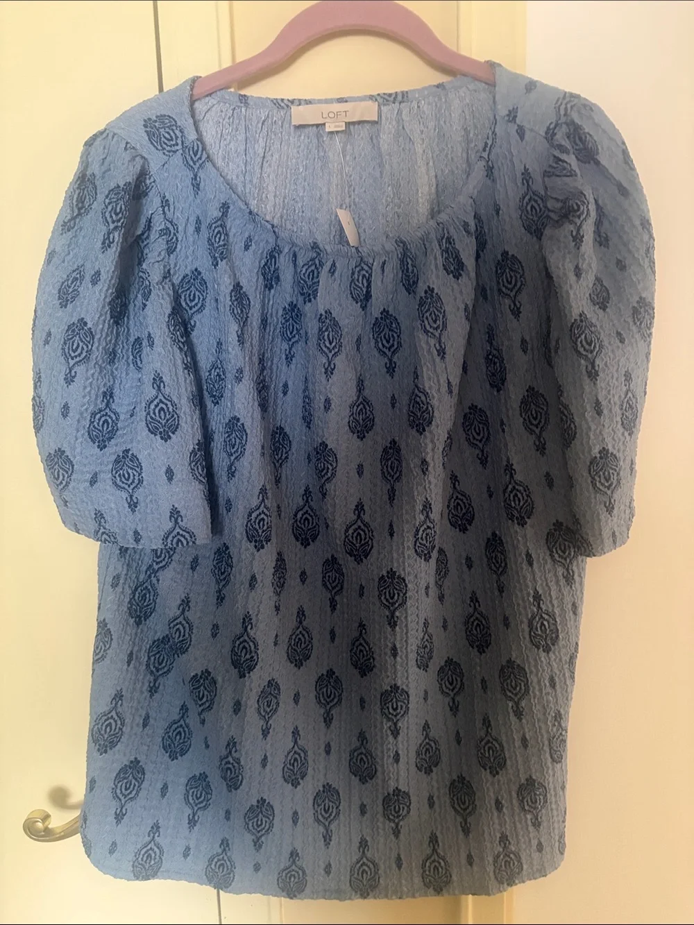 LOFT Light Blue Textured Puff Sleeve Blouse with Navy Motif
